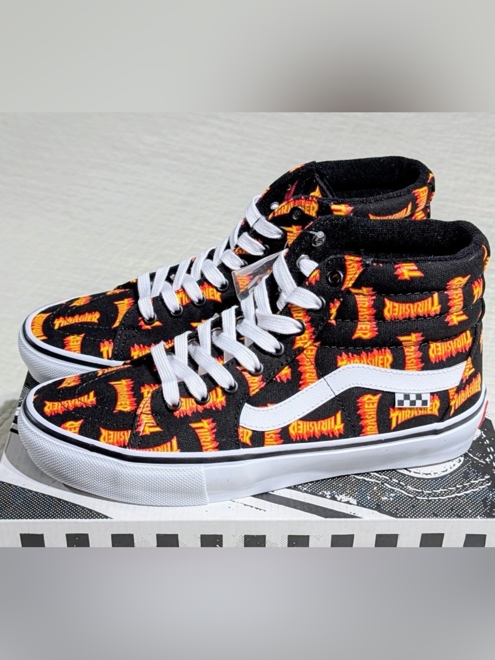 Black High-Top Sneakers with Orange Flame Print